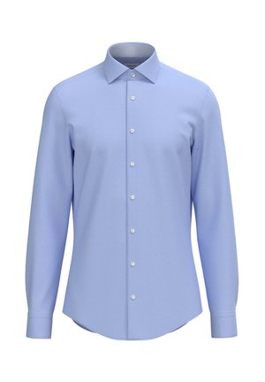 Helleblaue Langarmshirt mit spitzem Kragen, sieben Knöpfen vorne und einem strukturierten Innenkragen. Glatte Stoffoberfläche.
