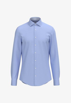 Helleblaue Langarmshirt mit spitzem Kragen, sieben Knöpfen vorne und einem strukturierten Innenkragen. Glatte Stoffoberfläche.