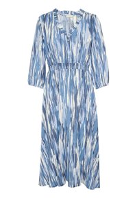 Sininen kuvioitu mekko, jossa on V-mallinen kaula-aukko röyhelöreunalla, kolme neljännesosaa hihat, joustava vyötärö ja laidasta laitaan valuva siluetti.