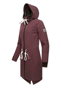 Maroon long jacket with a hood, white drawstrings, zip front, and side pockets; features patterned lining and black cuffs.