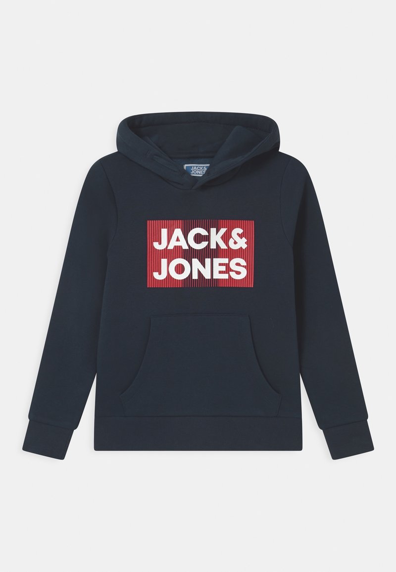 Sweat à capuche bleu marine avec un grand graphisme rectangulaire rouge "JACK&JONES" en texte blanc, une poche avant et des poignets côtelés.