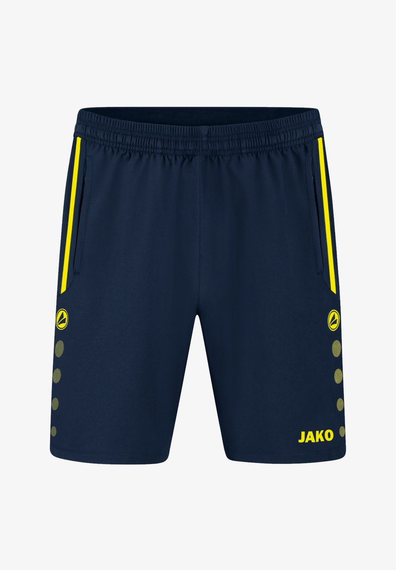Marinefarbene Sportshorts mit elastischem Bund, Seitentaschen, gelben Akzenten und kreisförmigem Muster am Saum. Branding "JAKO" in Gelb.