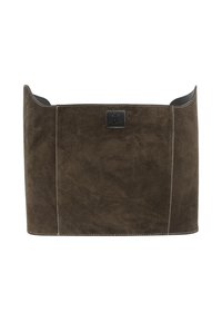 Ciemnobrązowy zamszowy kosz na przechowywanie o gładkiej fakturze, kontrastowe białe szwy i szczegół z czarnej skóry. Projekt z otwartą górą.