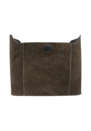 Dark brown suede storage basket with a smooth texture, contrasting white stitching, and a black leather label detail. Open top design.