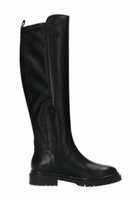 Zwarte leren kniehoog laars met een gladde textuur, zijritsdetail, rond neu en een chunky zool voor stabiliteit.