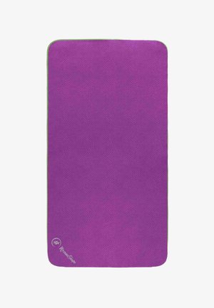 Purple yoga mat with a textured surface, bordered in green trim, featuring a rounded edge and a brand logo in the bottom corner.