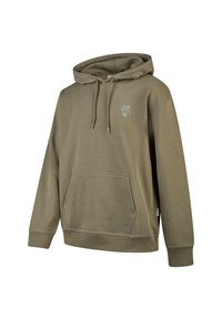 Olive green hoodie made of soft fabric, featuring a front pocket and a drawstring hood. Includes a small blue bird design on the chest.