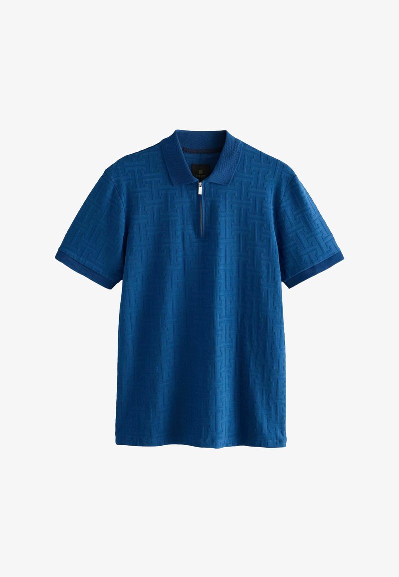 Modrá polo košeľa s textúrovaným geometrickým vzorom, rebrovaným golierom a manžetami, so zipsom vpredu a pohodlným strihom.