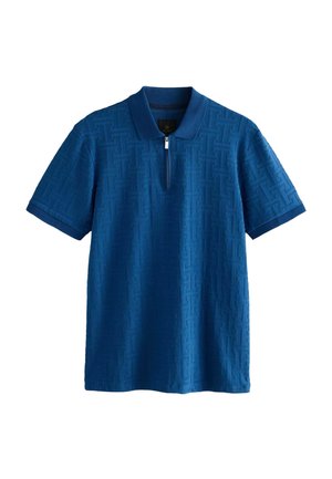 Kortærmet polo-shirt i levende blå, med et tekstureret mønster, en lynlåslukning ved halsen og ribbede krave og ærmer.