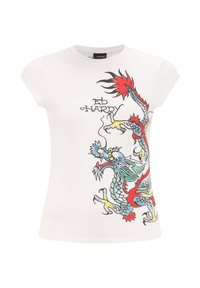 Bílé tričko s krátkým rukávem se zajímavým barevným potiskem draka, s podrobnými akcenty v červené, modré a zelené barvě. Obsahuje logo Ed Hardy.
