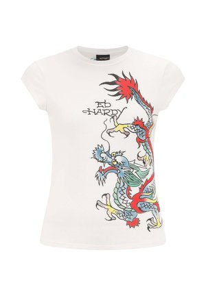 Witte T-shirt met korte mouwen met een kleurrijk draken-graphics ontwerp, met gedetailleerde accenten in rood, blauw en groen. Ed Hardy-logo inbegrepen.