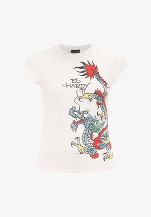 Weißes Kurzarm-T-Shirt mit einem bunten Drachen-Graphic-Design, ergänzt durch detaillierte Akzente in Rot, Blau und Grün. Ed Hardy-Logo enthalten.