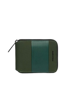 Green zippered wallet featuring a textured fabric panel and smooth leather section. Rounded corners and contrasting stitching details enhance design.