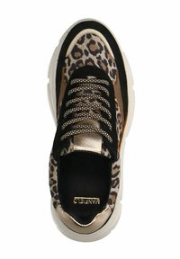 Leopard print sneaker with black and gold accents, textured surface, round toe, and thick white sole. Features metallic laces and branding.