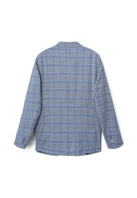 Camicia a quadri blu con maniche lunghe, colletto, dettagli con bottoni sui polsini e una vestibilità rilassata con orlo leggermente curvo.