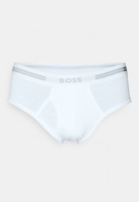 Weiße Boxershorts aus weichem Baumwollmix. Mit einem grau gestreiften elastischen Bund und "BOSS"-Logo. Glatte Textur und figurbetontes Design.