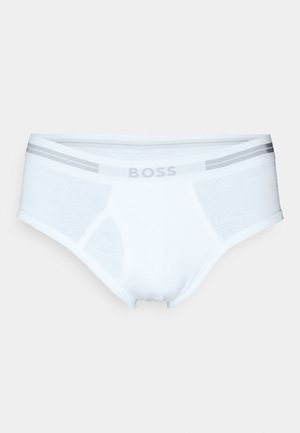 Hvide boksershorts lavet af blød bomuldsblanding. Har grå stribede elastiske taljebånd med "BOSS" logo. Glat tekstur og tætsiddende design.