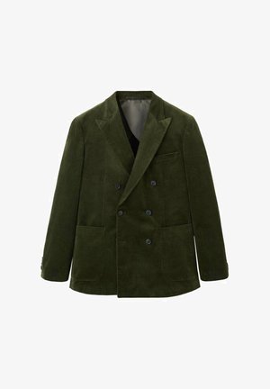 Dvoslojen zelen kordurov suknjič z izrazitimi zarezami na ovratniku, dvema sprednjima žepoma in teksturirano tkanino. Opremljen s črnimi gumbi.