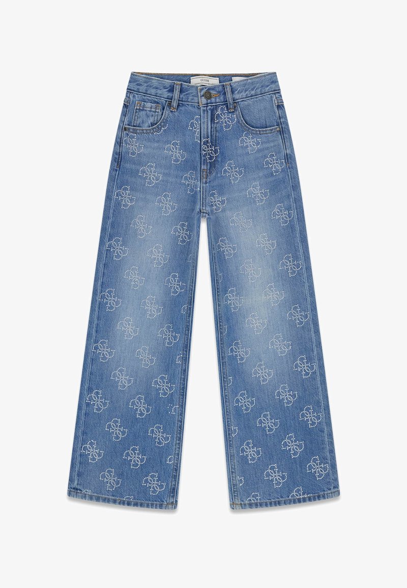 Jeans larges bleu avec motifs répétés de papillons blancs en pointillés et poches avant, dotés d'une fermeture à bouton et à glissière.