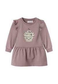 Langärmeliges Kleid in gedämpftem Mauve mit Rüschendetails, auf der Vorderseite mit einem Cupcake-Stickerei und geraffter Taille.