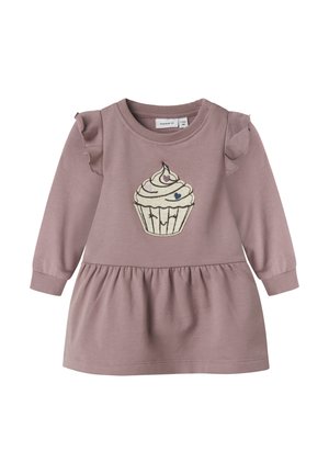 Langärmeliges Kleid in gedämpftem Mauve mit Rüschendetails, auf der Vorderseite mit einem Cupcake-Stickerei und geraffter Taille.