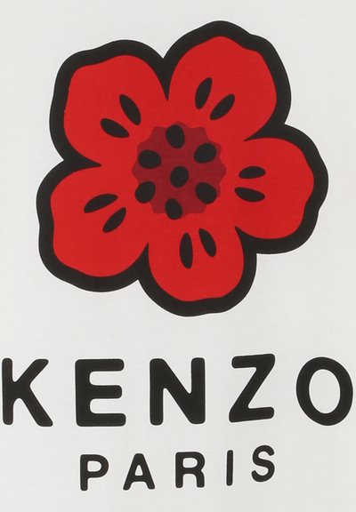 Grafica di un fiore rosso con dettagli neri su sfondo bianco, accompagnata dalla scritta "KENZO" e "PARIS" in grassetto nero sotto.