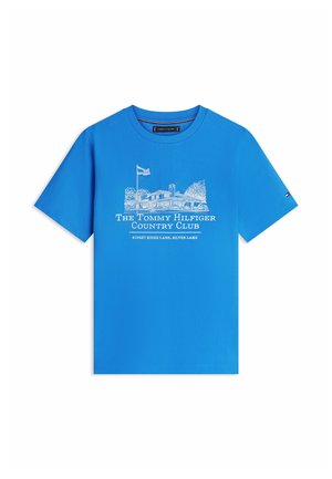 Niebieski krótki rękaw T-shirt z białym rysunkiem linii przedstawiającym klub, flagę i napis „The Tommy Hilfiger Country Club” na przodzie.