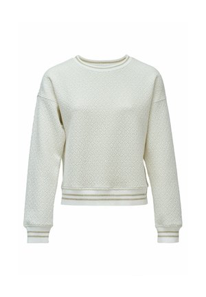 Pull texturé de couleur crème avec manches longues, poignets côtelés, ourlet et encolure présentant de fines rayures beige.