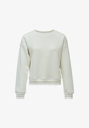 Suéter texturizado color crema con mangas largas, puños, dobladillo y escote acanalados que presentan sutiles rayas beige.