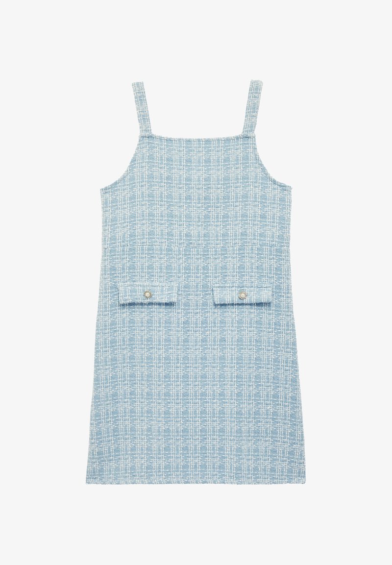 Jasnoniebieska sukienka bez rękawów z teksturowanej tkaniny, z tkanym wzorem i dwoma przednimi kieszeniami ze srebrnymi guzikami.