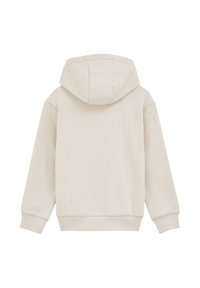 Felpa con cappuccio di un colore beige chiaro, con maniche lunghe e polsini a costine. Materiale morbido, vestibilità classica, senza grafiche visibili sul retro.