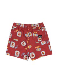 Bañador rojo con un estampado tropical colorido que incluye imágenes de rostros, lagartos y palmeras. Cintura elástica, incluye un bolsillo lateral.
