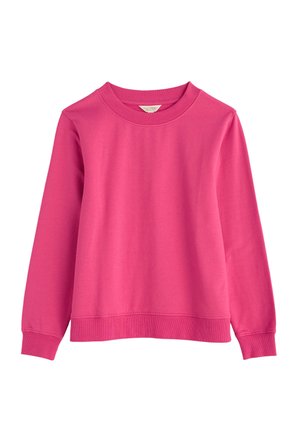 Sudadera rosa hecha de algodón suave. Presenta mangas largas, un cuello redondo y un corte relajado con puños y dobladillo acanalados.