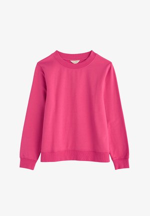 Růžová mikina vyrobena z měkké bavlny. Má dlouhé rukávy, kulatý výstřih a volný střih s pružnými manžetami a lemem.