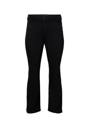 Black denim flared jeans with a mid-rise waist, featuring five-pocket styling and metal button closure. Smooth texture with minimal stitching.