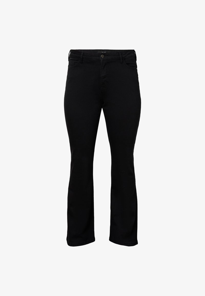 Vaqueros de mezclilla negros acampanados con cintura de altura media, que cuentan con estilo de cinco bolsillos y cierre de botón metálico. Textura suave con costuras mínimas.