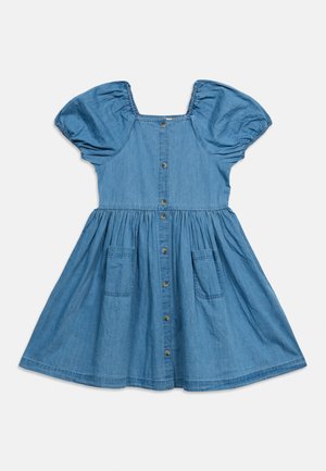 Μπλε τζιν φόρεμα με φουσκωτά μανίκια, τετράγωνο ντεκολτέ, μπροστινό κλείσιμο με κουμπιά, σφιγμένη μέση και δύο μπροστινές τσέπες.