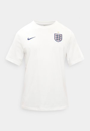 Weißes England-Fußballtrikot mit kurzen Ärmeln, mit einem dunkelblauen Nike-Logo auf der rechten Brust und dem England-Wappen mit einem goldenen Stern auf der linken Brust.