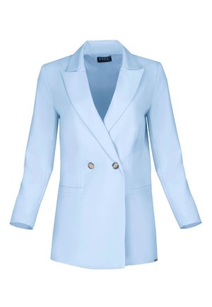 Jasnoniebieska dwurzędowa marynarka z gładkiego materiału, z klapami o ząbkowanych krawędziach, długimi rękawami i dwiema przednimi kieszeniami.