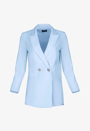 Jasnoniebieska dwurzędowa marynarka z gładkiego materiału, z klapami o ząbkowanych krawędziach, długimi rękawami i dwiema przednimi kieszeniami.