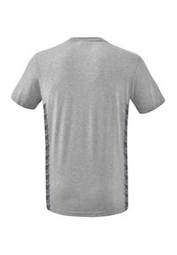 Graues kurzärmeliges T-Shirt mit Rundhalsausschnitt, versehen mit kontrastierenden schwarzen vertikalen Streifen und Logo-Akzenten an den Seiten. Weicher Stoff mit angenehmem Gefühl.