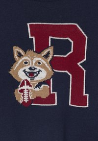 Knitpulli in Marineblau mit einem großen roten Buchstaben "R" und einem Cartoon-Waschbären, der einen Football hält, akzentuiert mit beigen und weißen Details.