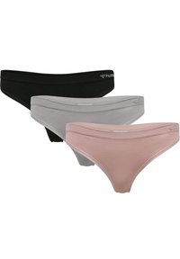 Drei Paare Damenstrings in Schwarz, Grau und Hellrosa. Hergestellt aus weichem Stoff mit einer strukturierten Oberfläche und einem bequemen Bund.