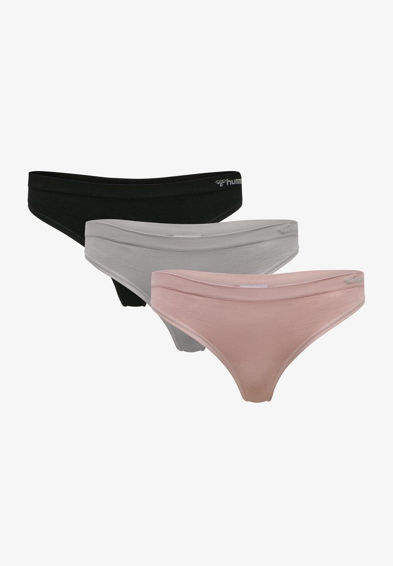 Trois paires de strings pour femmes en noir, gris et rose clair. Fabriqués en tissu doux avec une finition texturée et une ceinture confortable.