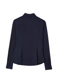 Camicia a maniche lunghe blu navy con collo, design a pieghe sul retro e polsini con bottoni. Realizzata in tessuto leggero e liscio.