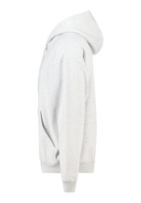 Sweat-shirt gris à capuche, en tissu doux, avec poches latérales, poignets côtelés et coupe décontractée. Aucun motif ou accent visible.