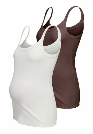 Două maieuri de maternitate cu bretele subțiri, unul alb și unul maro, expuse pe un fundal simplu.