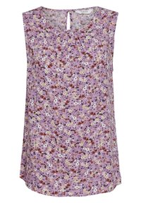 Ærmeløs top i lavendel med et blomsterdesign, der har hvide, gule og maroon blomster. Detalje med nøglehul på ryggen og blød stoftekstur.