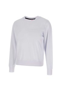 Felpa bianca con maniche lunghe, collo rotondo e polsini a costine. Presenta una texture liscia e un discreto design del logo sulla parte anteriore.