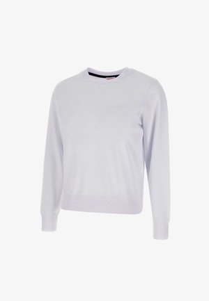 Felpa bianca con maniche lunghe, collo rotondo e polsini a costine. Presenta una texture liscia e un discreto design del logo sulla parte anteriore.